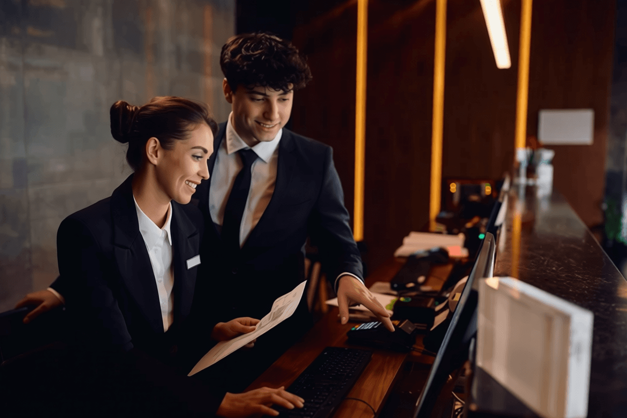 Hotel front desk agent welcoming guests at reception counter